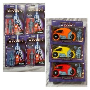 NEW Set of 7 Disney Parks Super7 ReAction Tron Figures & Lightcycles Flynn Sark